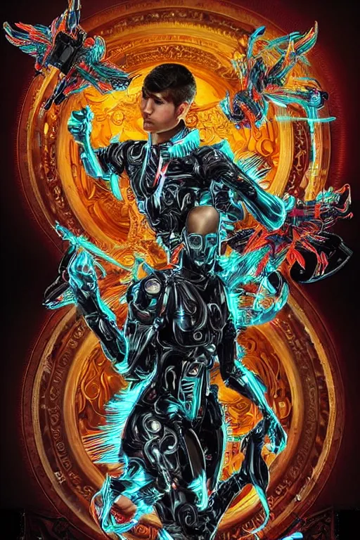 Image similar to full-body bladerunner style sculpture of a young handsome Latino prince as a half cibernetic android with a chest opening exposing circuitry and electric sparks, glowing laser beam eyes, crown of giant diamonds, flowing neon-colored silk, fabric, raptors. baroque elements. full-length view. baroque element. intricate artwork by caravaggio. many many birds birds on background. Trending on artstation, octane render, cinematic lighting from the right, hyper realism, octane render, 8k, depth of field, 3D