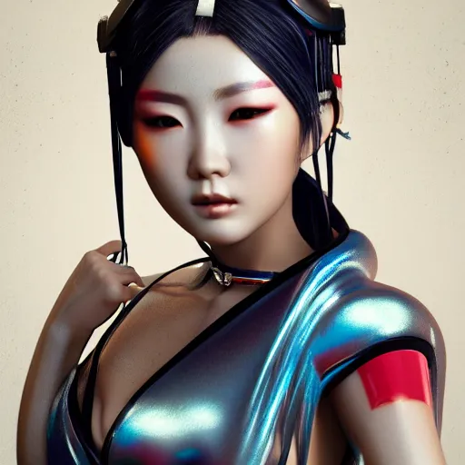 Prompt: ! dream a portrait of a beautiful asian mechanical cyberpunk geisha, young, hyper - realistic, very detailed, intricate, sexy pose, electronic bikini, slight smile expression, photo realistic, dramatic cinematic lighting, octane render, 4 k, ultra detailed