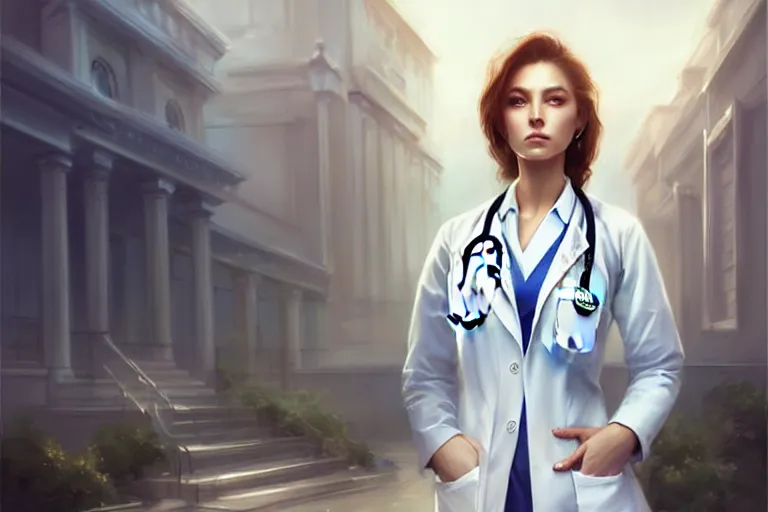 Prompt: an elegant and beautiful female doctor in a white coat in front of a hospital building, cinematic, highly detailed, digital painting, artstation, concept art, matte, sharp focus, illustration, art by artgerm and greg rutkowski