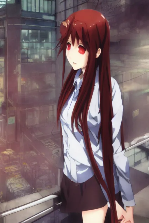 Image similar to Tonemapped Kurisu Makise by Akihiko Yoshida, Makoto Shinkai, with backdrop of Natural Light