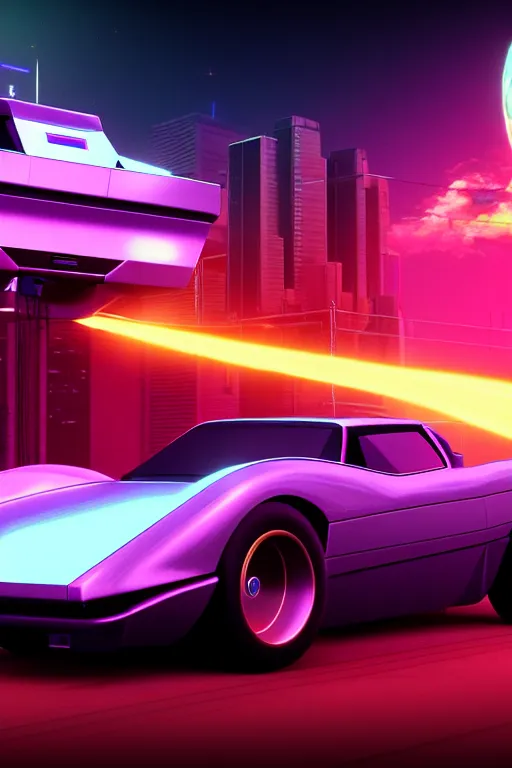 Image similar to quantum entanglement的synthwave sports car ,by Austin English ,cinema lighting,Game scene graph , very high detailed Unreal engine, in the style of a 70s science fiction novel cover