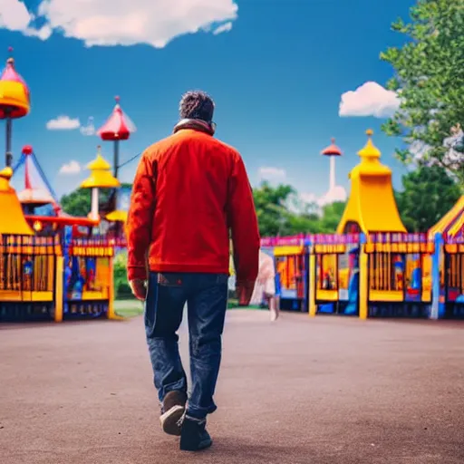 Prompt: a man walks trough a amusement park