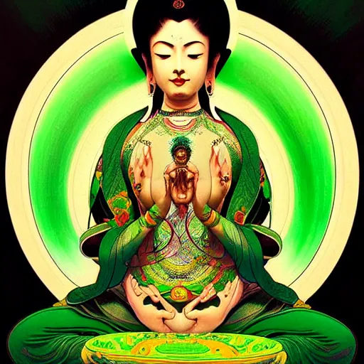 Prompt: intense portrait of the green tara bodhisattva meditating, intricate, elegant, highly detailed, my rendition, digital painting, artstation, concept art, smooth, sharp focus, green color scheme, illustration, art by artgerm and greg rutkowski and alphonse mucha