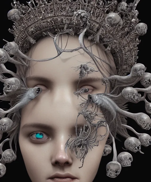 Prompt: symmetrical goddess close-up portrait wigh crown made of skulls. betta fish, phoenix, bioluminiscent creature, intricate artwork by Tooth Wu and wlop and beeple. octane render, trending on artstation, greg rutkowski very coherent symmetrical artwork. cinematic, hyper realism, high detail, octane render, 8k