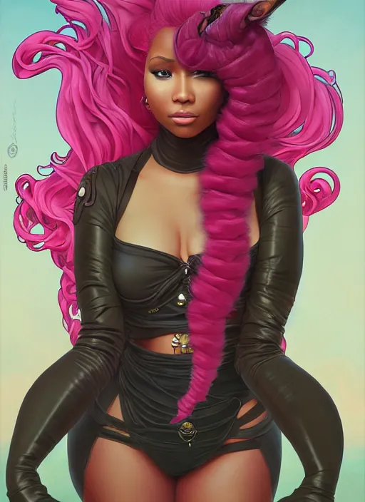 Image similar to nicki minaj in a cat suit with long curly pink hair, path traced, highly detailed, high quality, digital painting, by studio ghibli and alphonse mucha, leesha hannigan, makoto shinkai, disney