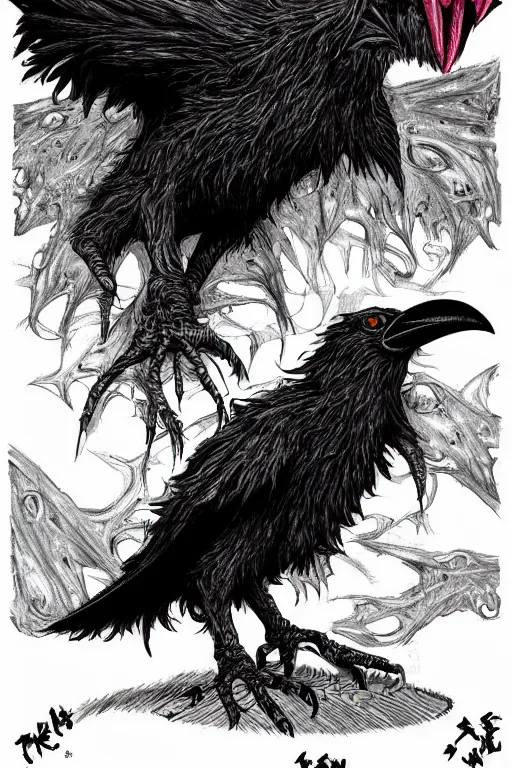 Image similar to crow monster, fangs, highly detailed, digital art, sharp focus, trending on art station, kentaro miura manga art style