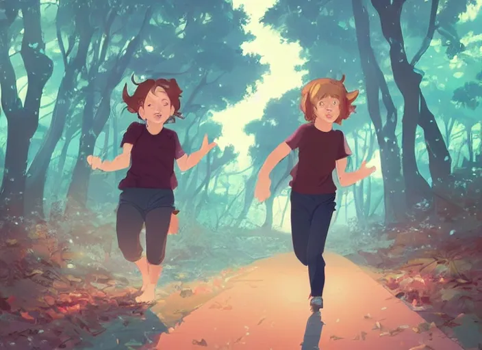 Image similar to little girl with short wavy curly light brown hair chasing will o the wisp in the woods. clean cel shaded vector art. shutterstock. behance hd by lois van baarle, artgerm, helen huang, by makoto shinkai and ilya kuvshinov, rossdraws, illustration, art by ilya kuvshinov