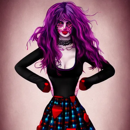Image similar to full body art of a cute woman, long purple hair, black tanktop, red tartan skirt, black gloves, purple lipstick, digital art, fantasy art, 4k,