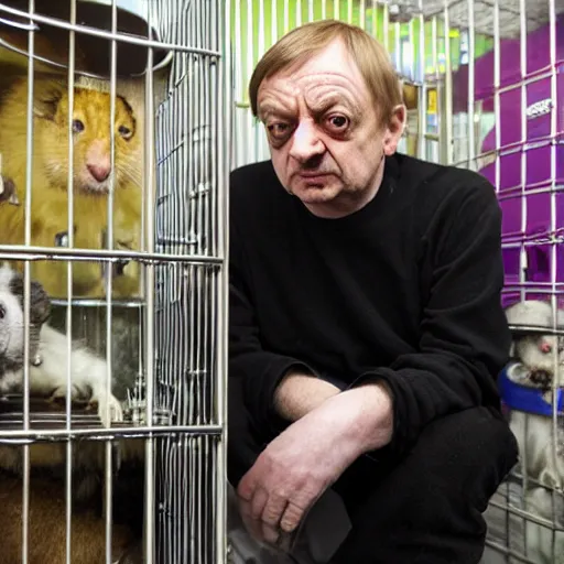 Image similar to mark e smith in a cage at the pet store, he is for sale, 4 k