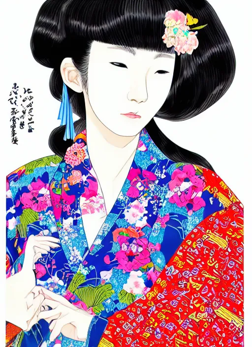 Image similar to a digital copic maker portrait of a japanese girl detailed features wearing a kimono latex suit wedding dress - harajuku fashion synthetic materials, by balenciaga and issey miyake by ichiro tanida and mitsuo katsui