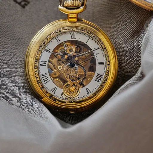 Image similar to close up photo of a gold pocket watch, high detail, complex,