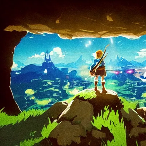 Prompt: Our Favorite The Legend of Zelda: Breath of the Wild Screenshot, cinestill 50d 35mm