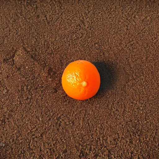 Prompt: a photorealistic orange in the sand, Movie Still, Triadic color grading.