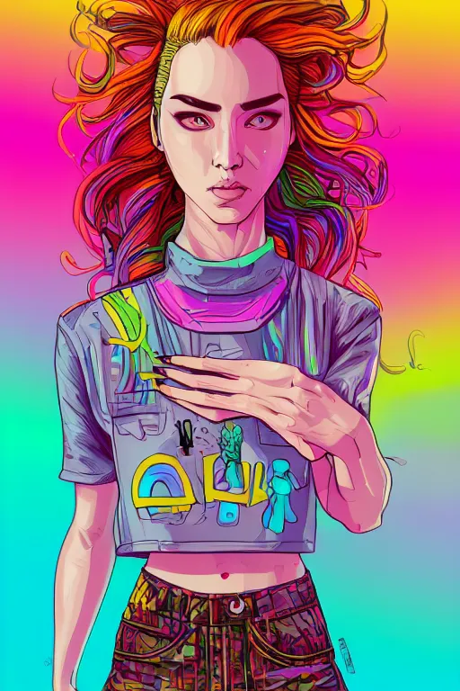 Image similar to a award winning half body portrait of a beautiful woman with stunning eyes in a printed croptop and cargo pants with rainbow colored ombre hairstyle head in motion and hair flying by josan gonzales, outrun, vaporware, shaded flat illustration, digital art, trending on artstation, highly detailed, fine detail, intricate