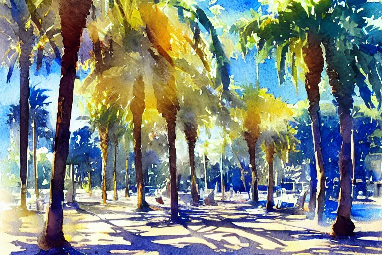 Prompt: small centered on watercolor paper, paint brush strokes, abstract watercolor painting of city park with palm trees, daylight, shadows, covering foliage over pathway, sunlight shining through, translucent leaves, cinematic light, national romanticism by hans dahl, by jesper ejsing, by anders zorn, by greg rutkowski, by greg manchess, by tyler edlin