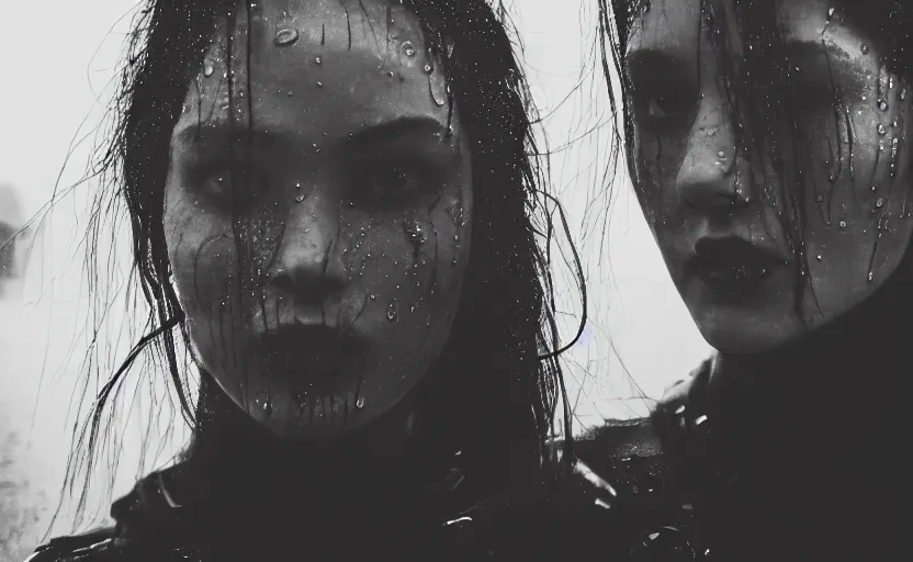 Prompt: cinestill 5 0 d candid photographic portrait by christopher nolan of two loving female androids wearing rugged black mesh techwear in treacherous waters, extreme closeup, modern cyberpunk moody emotional cinematic, pouring rain menacing lights shadows, 8 k, hd, high resolution, 3 5 mm, f / 3 2, ultra realistic faces, ex machina