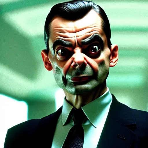 Image similar to mr. bean as agent smith from the matrix. movie still. slow motion. cinematic lighting.