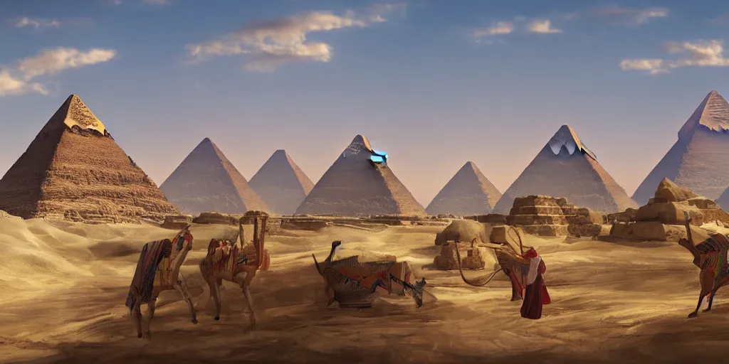 Image similar to egyptian landscape with pyramids by makoto shinkai