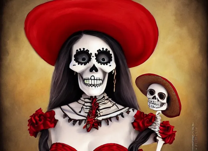 Prompt: cute & beautiful smiling mexican undead skeleton girl wearing a sombrero and a wide red dress, elegant, digital art, fantasy, pixar style, painting, pin up, highly detailed, artstation, art by artgerm, vrubel and boris vallejo