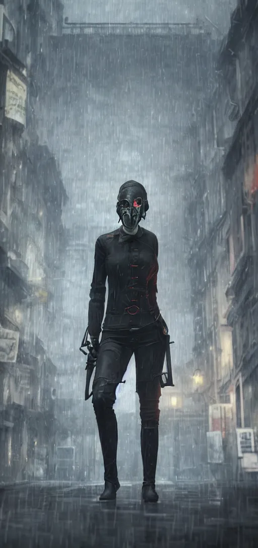 Image similar to annie leonhart in dunwall city wearing corvo attano's mask, redshift render, cinematic lighting, rainy weather, melancholy atmosphere, dunwall city, volumetric light, octane render, dishonored game, dishonored 1, gothic architecture, realistic reflections, octane render 8 k, view from air