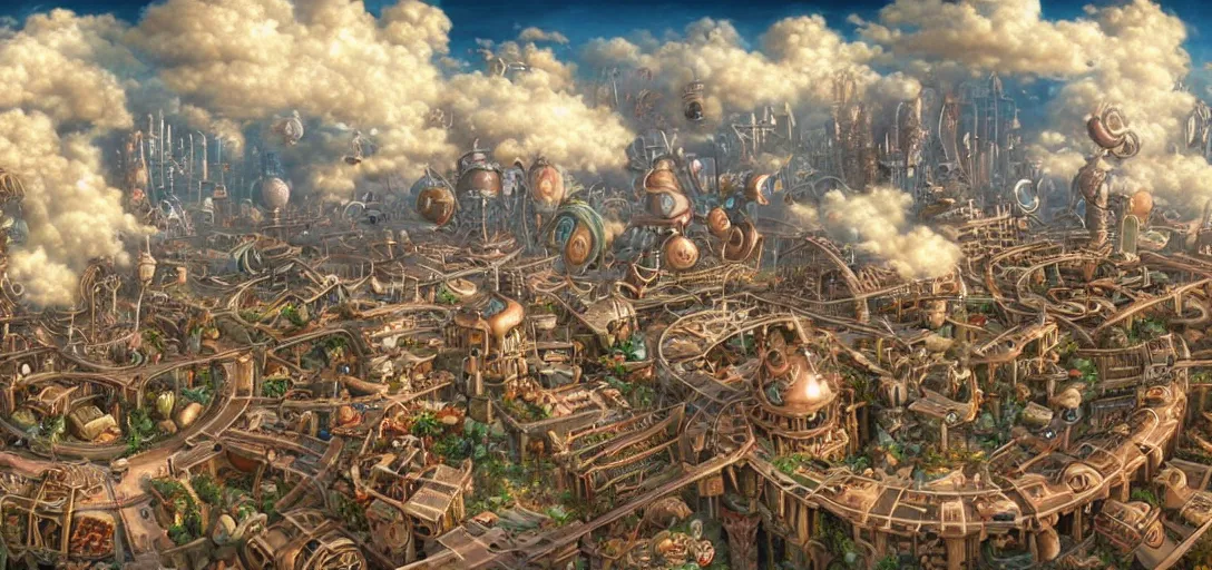 Prompt: a steampunk village built on clouds in the sky, by Naoto Hattori,