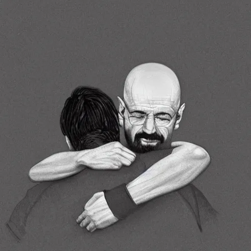 Image similar to freddie mercury hugging walter white, sketch, insanely detailed