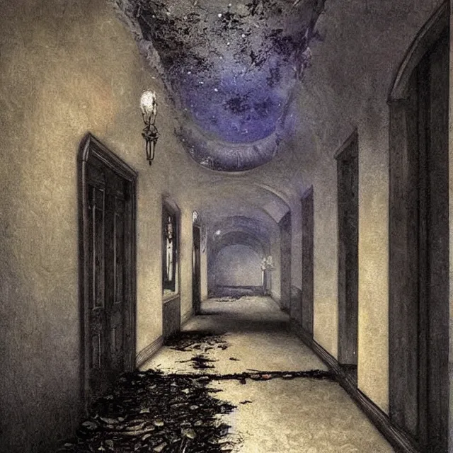 Prompt: ultra - realistic painting gothic 1 9 2 0 s hotel hallway crumbling into a horrifying cosmic sky, atmospheric lighting, dark, brooding, foreboding, fine details, realistic shading