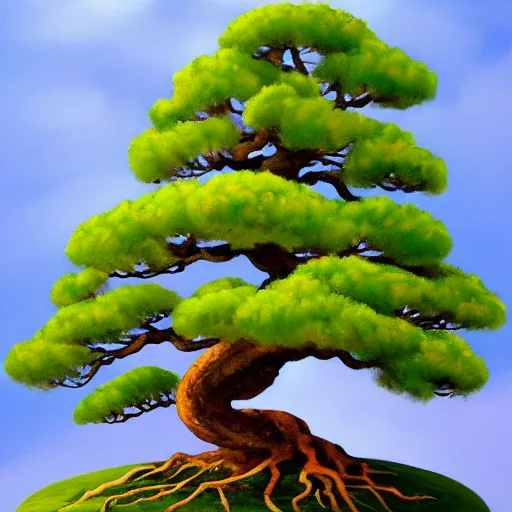 Image similar to an oil painting of a giant bonsai tree stretching over the edge of the earth. colorful. trending on artstation. atmospheric.