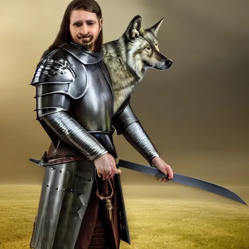 Image similar to portrait photograph of a medieval warrior from koingation, human with wolf ears and a wolf tail, holding an arming sword wearing light leather armor, fantasy character design, hyper realistic