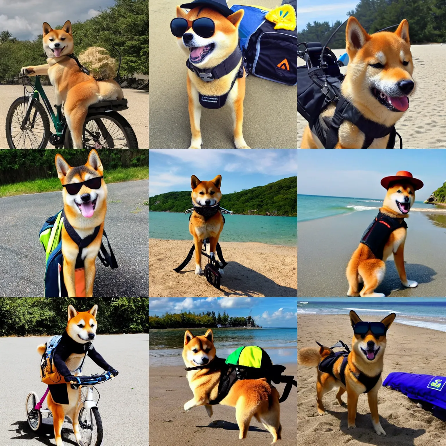 Prompt: A photo of a Shiba Inu dog with a backpack riding a bike. It is wearing sunglasses and a beach hat