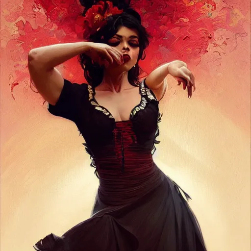 Prompt: fierce spanish female flamenco dancer, spotlight, highly detailed, digital painting, artstation, portrait, concept art, smooth, sharp focus, illustration, cinematic lighting, art by artgerm and greg rutkowski and alphonse mucha