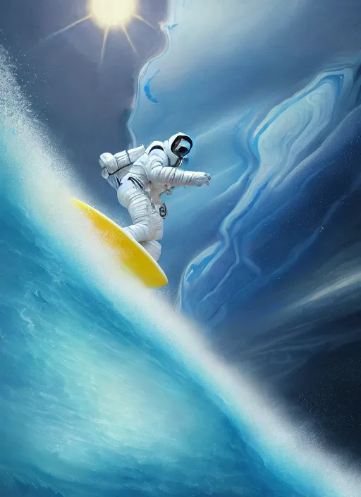 Prompt: an amazing digital painting of an astronaut in a white and royal blue luxurious space suit surfing an interstellar tsunami on a futuristic surfboard at Pamukkale, thermal waters flowing down multiversal gold travertine terraces by greg rutkowski, photorealistic, trending on artstation, highly detailed, unreal engine, octane render