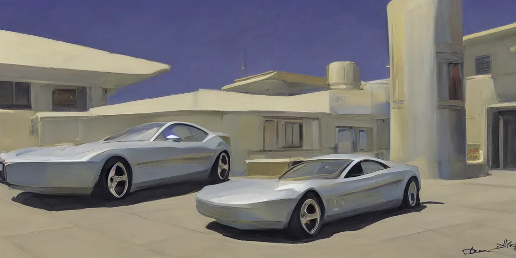 Image similar to art style by Ben Aronson and Edward Hopper and Syd Mead, wide shot view of some random alien planet, on ground level. Full view of a silver car designed by Henrik Fisker, Bruce Kaiserm and Jon Sibal.