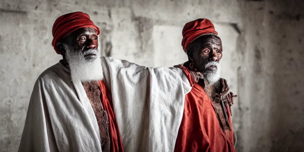 Image similar to a cinematic portrait of an old african man dressed in leather robes, in a small brilliant white prison cell, red color theme, dust storm, annie leibovitz and zack snyder, 8 k, hd, high resolution, 8 5 mm, f / 1. 8