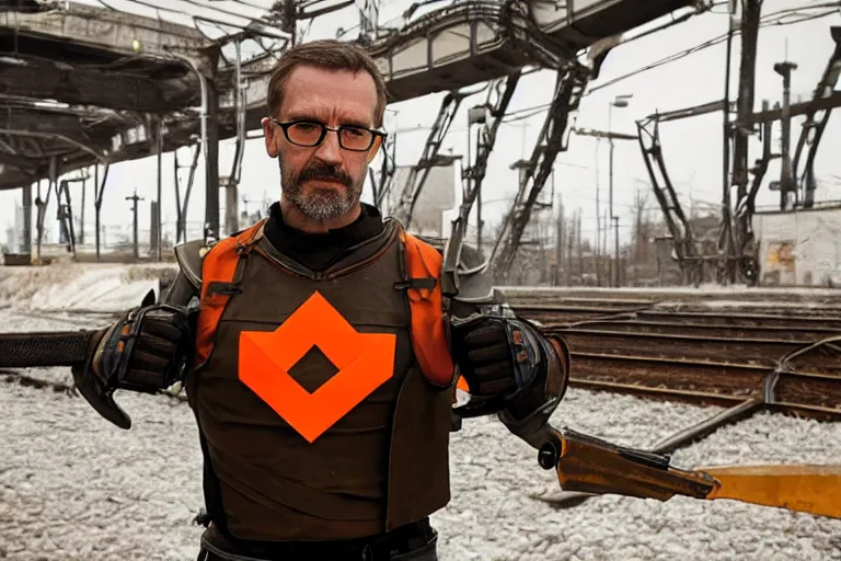 Image similar to vfx movie closeup real life gordon freeman holding wearing futuristic armor, half life logo on chest, crowbar in russian train yard by emmanuel lubezki