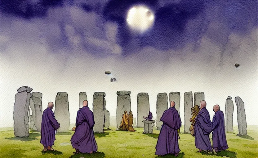 Image similar to a hyperrealist watercolour character concept art portrait of small grey medieval monks with floating stones in the air in front of a complete stonehenge monument on a misty night. a ufo is in the sky. by rebecca guay, michael kaluta, charles vess and jean moebius giraud