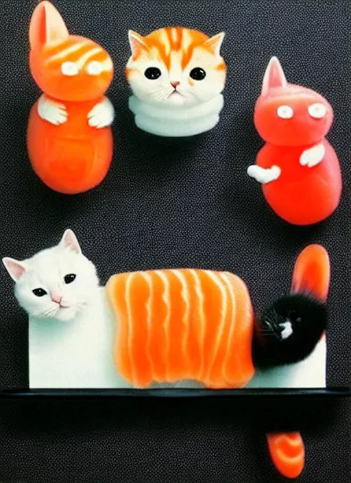 Image similar to clear surrealist painting of adorable cats made out of sushi