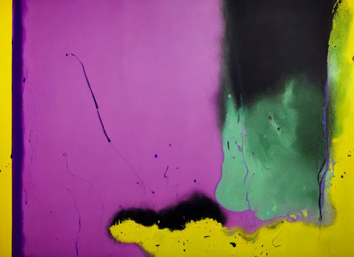 Prompt: minimalistic abstract painting in purple, yellow, dark green, beige, by hernan bas and pat steir and helene frankenthaler and hilma af klint, psychological, photorealistic, dripping paint, washy brush, oil on canvas, rendered in octane, altermodern, masterpiece