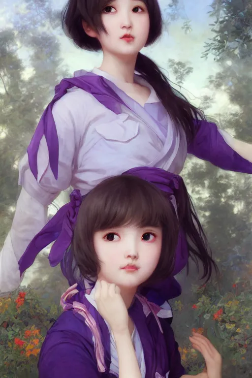 Prompt: Portrait of Eunha from Viviz and gFriend with short hair wearin purple overall shorts, short puffy pants, white tights, Golden Ribbon, and a billowy scarf. masterpiece 4k digital illustration by Ruan Jia and Mandy Jurgens and Artgerm and greg rutkowski and Alexander Tsaruk and WLOP and william-adolphe bouguereau, award winning, Artstation, art nouveau aesthetic, Alphonse Mucha background, intricate details, realistic, panoramic view, Hyperdetailed, 8k resolution, intricate art nouveau