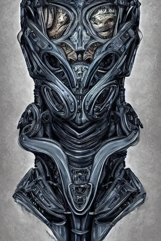 Prompt: guyver exoskeleton breathing mask demonic hybrid portrait, in style of Midjourney, stylized, detailed and intricate, elegant, ornate, horror, elite, ominous, haunting, beautiful digital painting, cinematic, cgsociety, H.R. Giger, James jean, Noah Bradley, Darius Zawadzki, vivid colors and vibrant outlines