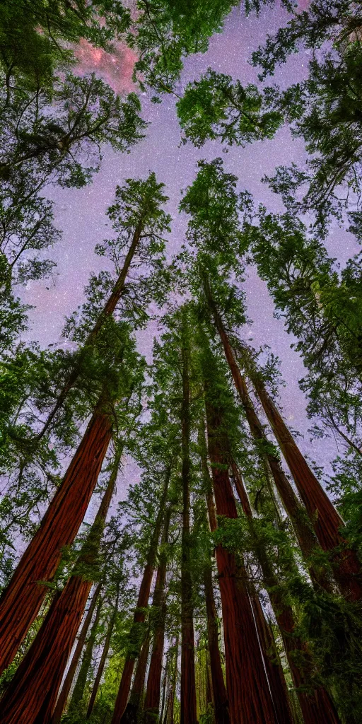 Prompt: numerous redwood trees faintly glowing with different colors in dark night jungle, wide angle shot, dslr hd details, highly detailed, 8K render