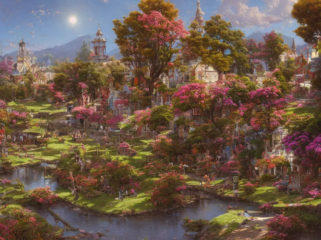 Prompt: a beautiful painting of a small Victorian town in the springtime, a pretty landscape and architecture, by Roberto Aizenberg, Michael Kaluta, Zdzisław Beksiński, Dan Mumford and Thomas Kinkade, 8K, ultrafine detailed, trending on artstation