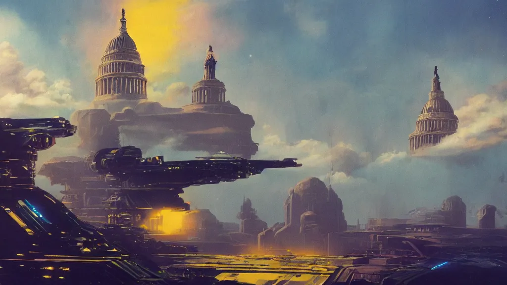 Prompt: Capitol building as a spaceship painted by Chris Foss, psychedelic , concept art, matte painting, 8k, highly detailed, artstation