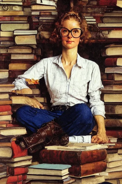 Prompt: a woman with light brown hair and glasses sits cross legged on top of a tall pile of books. beautiful painting by norman rockwell and raymond swanland, beautiful detailed face.