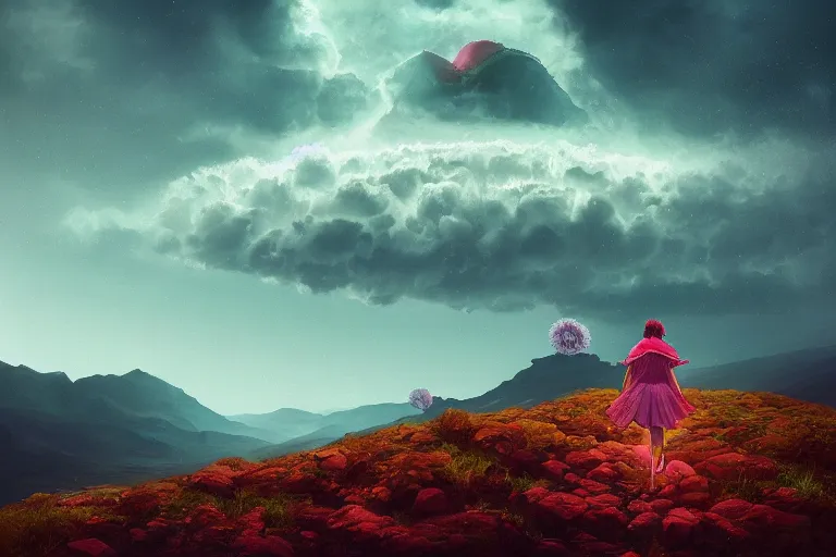 Image similar to giant dahlia flower over head, girl walking on mountain, surreal photography, stars, dramatic light, impressionist painting, storm clouds, digital painting, artstation, simon stalenhag