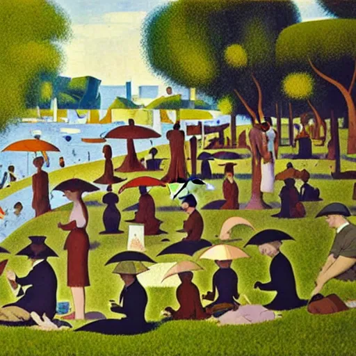 Image similar to a sunday afternoon on the island of la grande jatte, by mike mignola