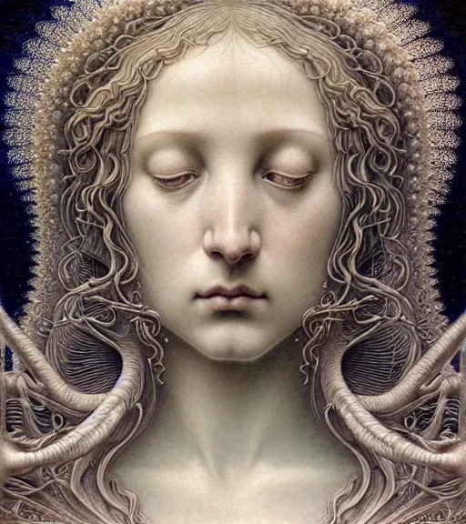 Image similar to detailed realistic beautiful angel goddess face portrait by jean delville, gustave dore, iris van herpen and marco mazzoni, art forms of nature by ernst haeckel, art nouveau, symbolist, visionary, gothic, neo - gothic, pre - raphaelite, fractal lace, intricate alien botanicals, ai biodiversity, surreality, hyperdetailed ultrasharp octane render