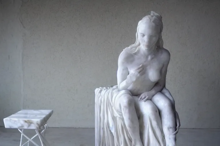 Image similar to a sculpture of a beautiful woman sitting on a chair, a white marble sculpture covered with floating wax by nicola samori, behance, neo - expressionism, marble sculpture, apocalypse art, made of mist