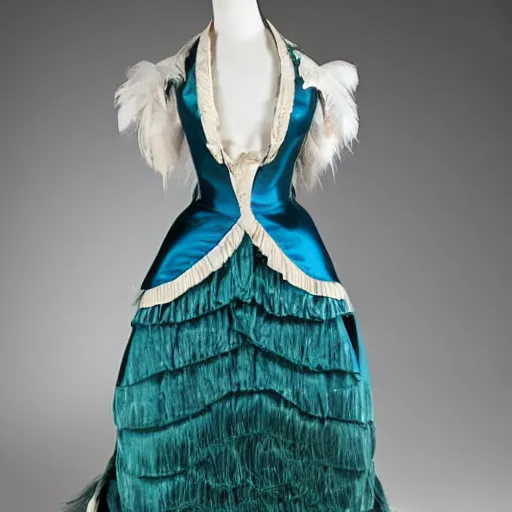 Image similar to the decorative detail of padded satin rouleaux are applied lavishly to this 1 8 2 0 s blue and green gauze dress. the feather pattern is an ethereal choice in gauze, overlaid with the couched loops of ivory silk.