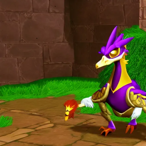 Image similar to screenshot of a griffin bard as an npc in spyro the dragon video game, with playstation 1 graphics, activision blizzard, upscaled to high resolution